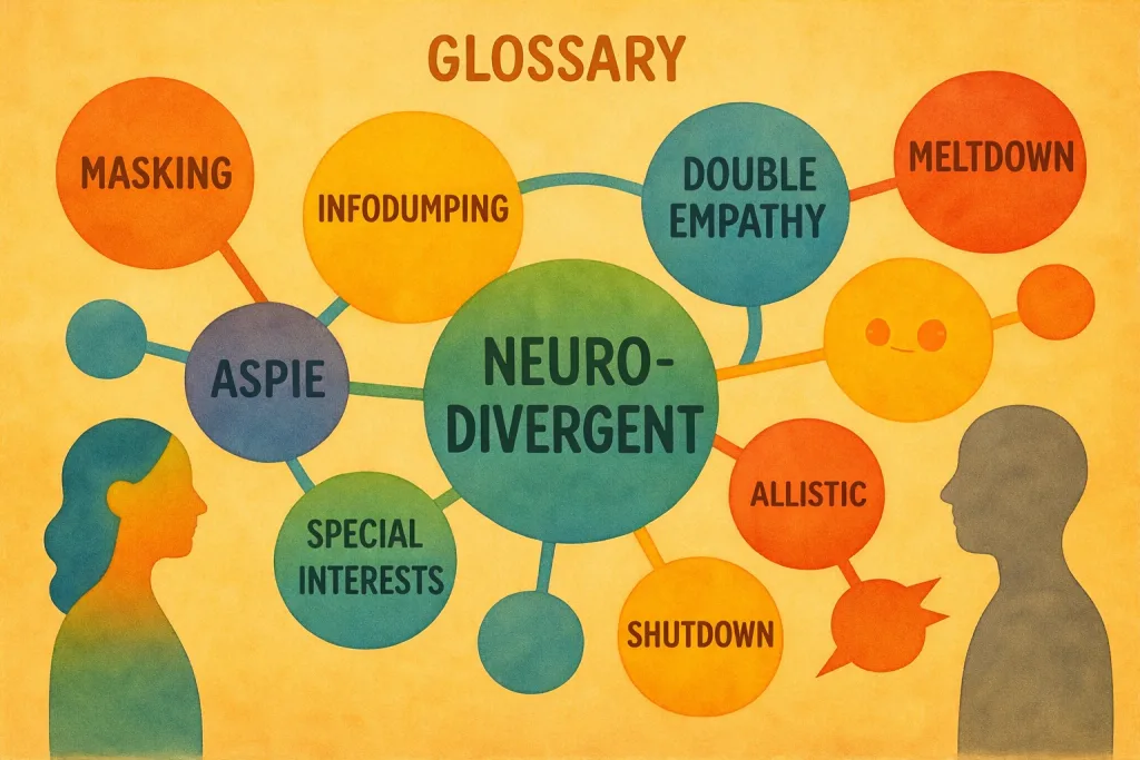 Illustration of multicolored speech bubbles containing glossary terms