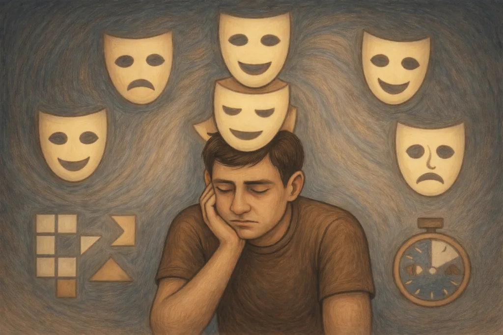 An exhausted man collapsing under several masks (social masking)