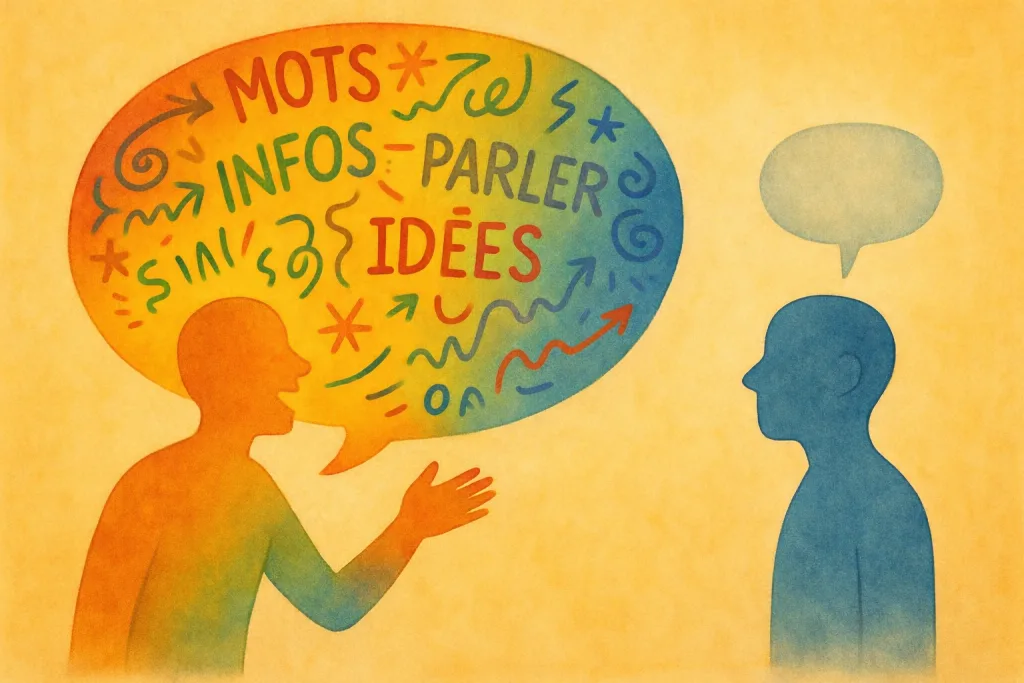 Illustration d'une silhouette multicolore avec une bulle remplie de texte à rallonge, qui parle à une silhouette bleue qui semble confuse