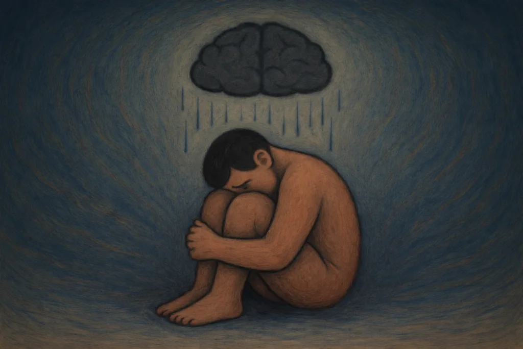 Silhouette recroquevillée sur laquelle il pleut d'un cerveau