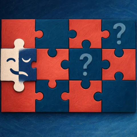 Puzzle avec deux cases vides et une pièce avec un masque heureux/triste (bipolaire)