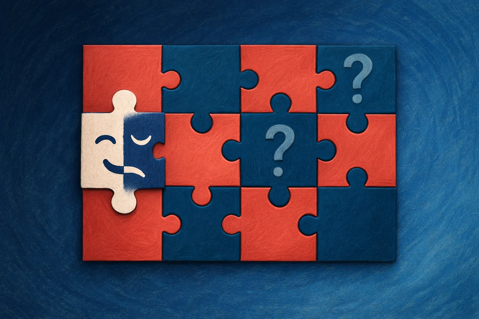 Puzzle avec deux cases vides et une pièce avec un masque heureux/triste (bipolaire)