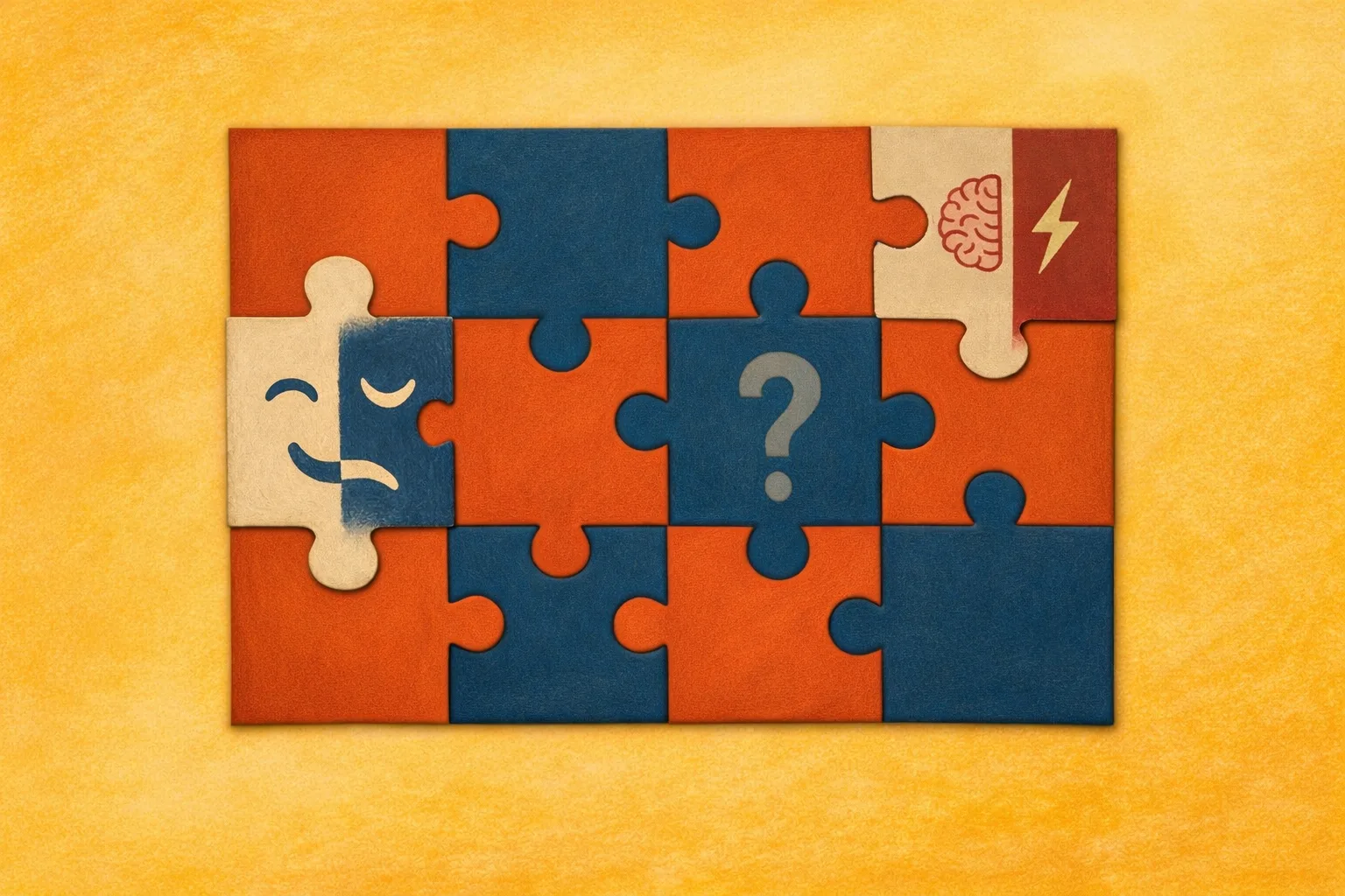 Puzzle with one empty square and two pieces showing: a bipolar mask and a fast-brain symbol (giftedness)