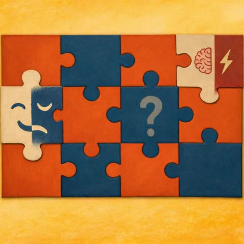 Puzzle avec une case vide et deux pièces illustrant : un masque bipolaire et un symbole cerveau rapide (THPI)