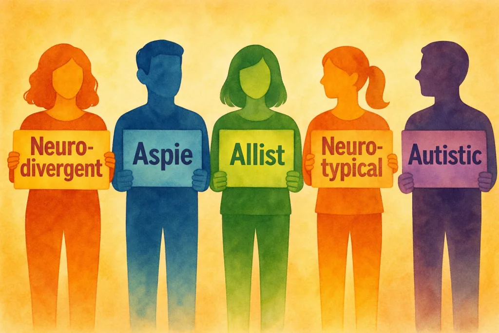 Illustration of multicolored silhouettes holding signs with the terms Aspie/Neurodivergent/etc. for advocacy