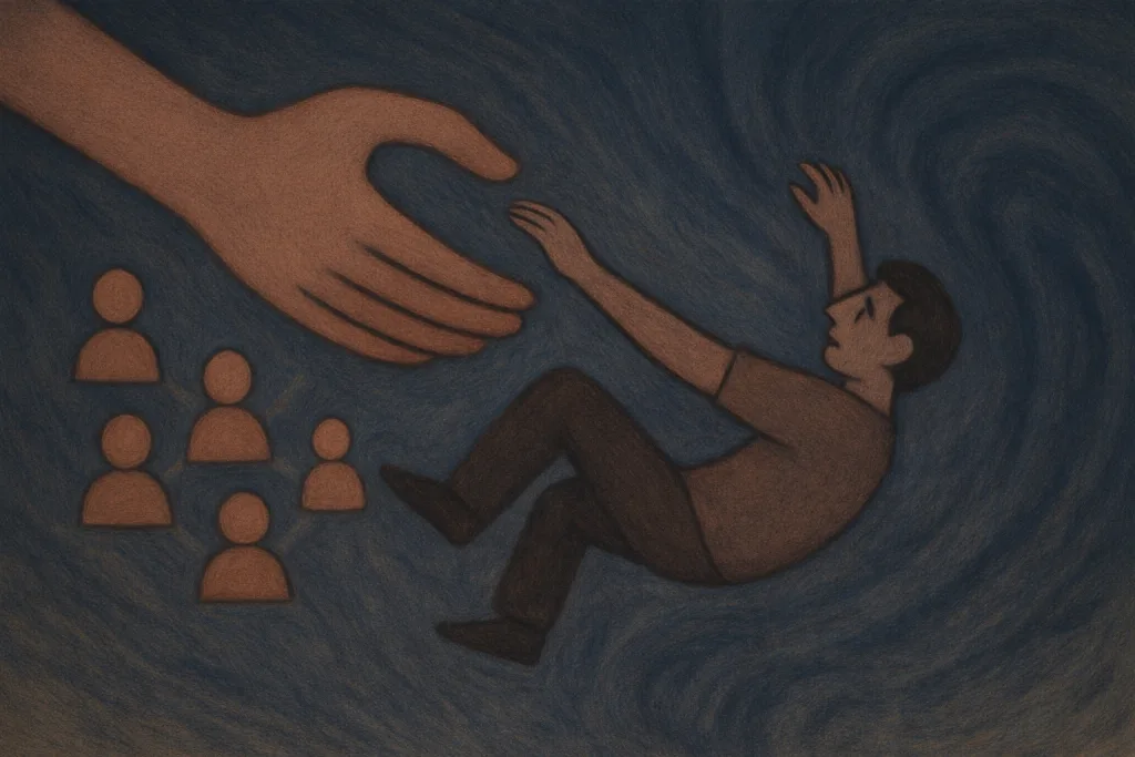 Main tendue vers un homme qui chute, professeurs à côté en réseau