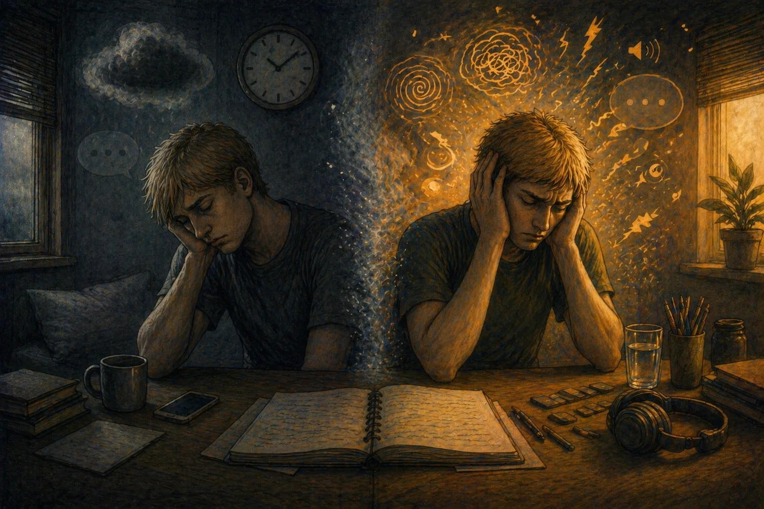 Illustration avec à gauche la dépression (effondrement, ralentissement) vs à droite burn-out autistique (surcharge)