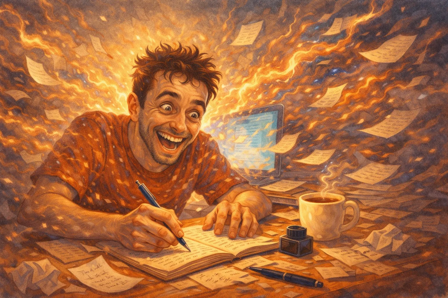 Illustration d'une personne euphorique en plein flux créatif extrême