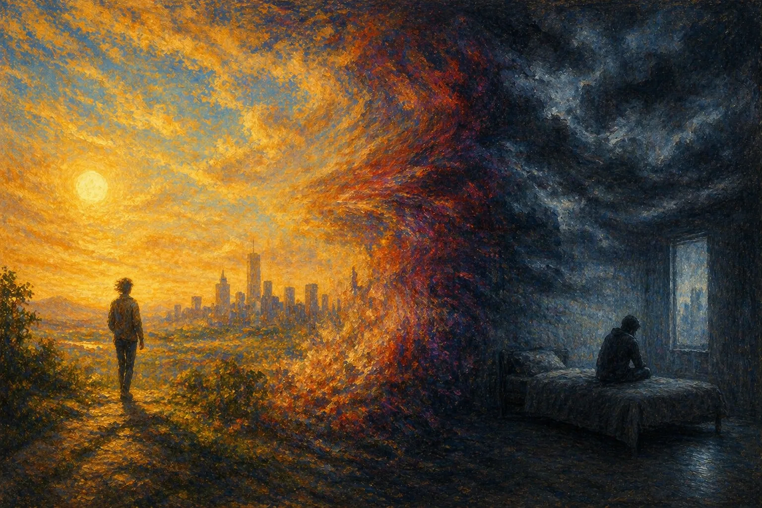 Illustration artistique des pôles (hypomanie/manie/dépression)