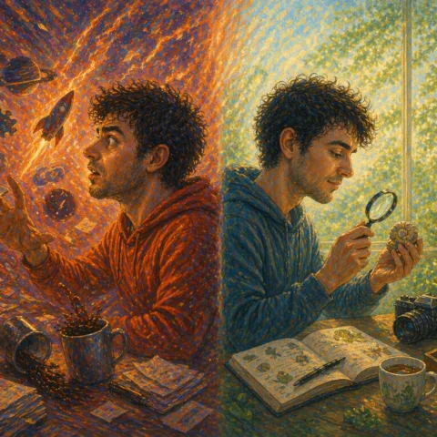 Illustration avec à gauche un personnage maniaque très activé plongé dans ses obsessions et à droite un personnage calme passionné