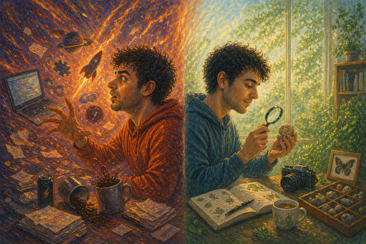 Illustration avec à gauche un personnage maniaque très activé plongé dans ses obsessions et à droite un personnage calme passionné