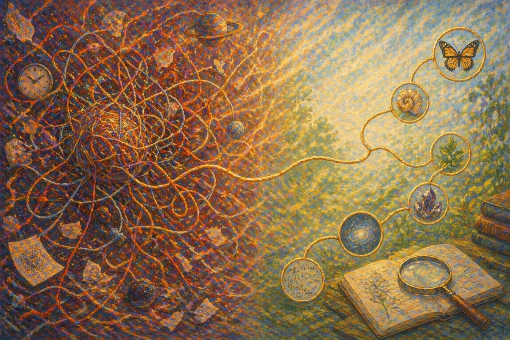 Fils emmêlés (pensée maniaque difficile à suivre) vs fil simple facile à suivre