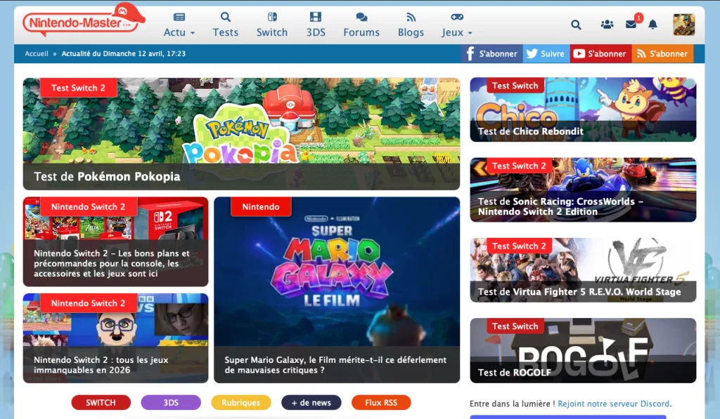 Capture d'écran de la page d'accueil de Nintendo-Master, version de 2019