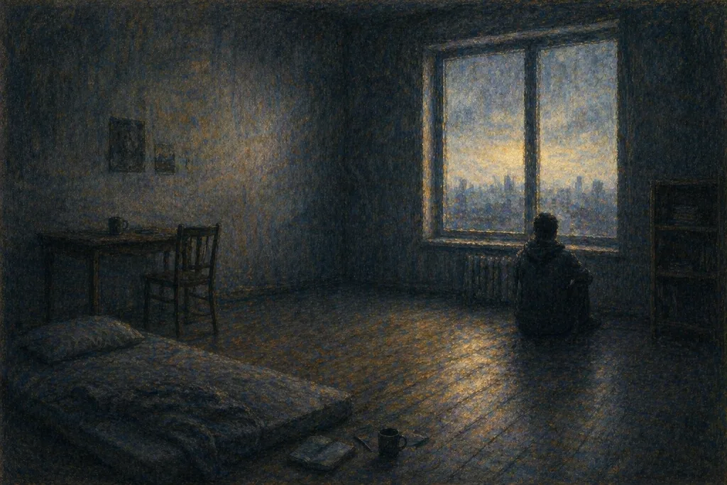 Illustration d'une chambre dans l'obscurité avec un personnage assis (dépression)