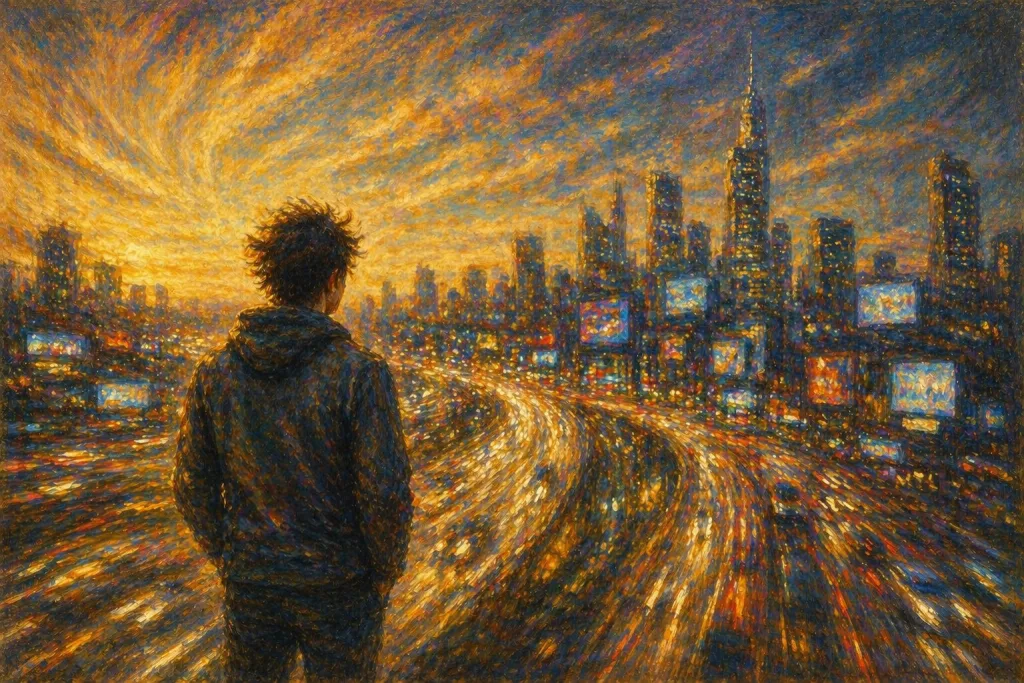 Illustration d'un personnage devant une ville en accéléré (tachypsychie, hypomanie/manie)