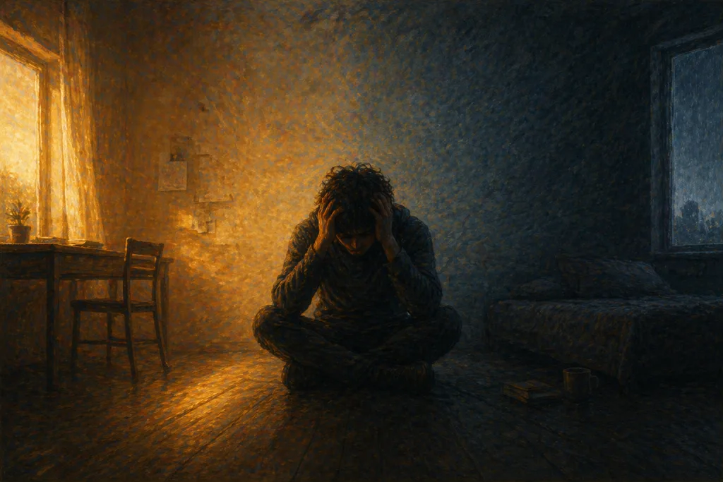 Illustration crispée à gauche et sombre à droite (mixte), personnage assis tête dans les mains