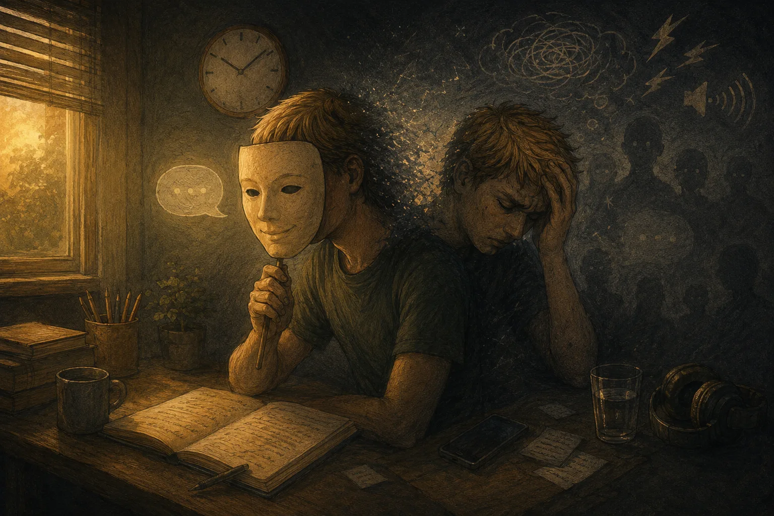 Illustration d'une femme sur-stimulée portant un masque vs une femme ensevelie de stimulations