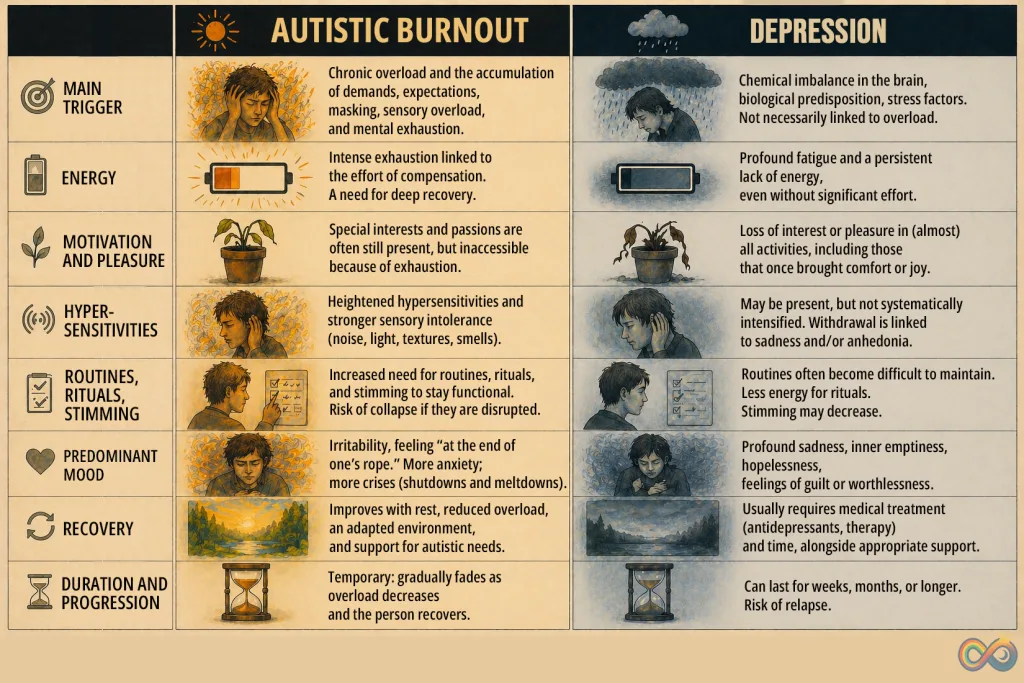Comparative summary infographic of depression and autistic burnout