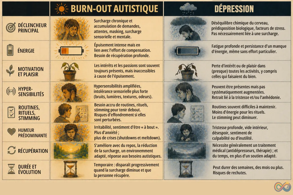 Infographie récapitulative comparative de la dépression et du burn-out autistique