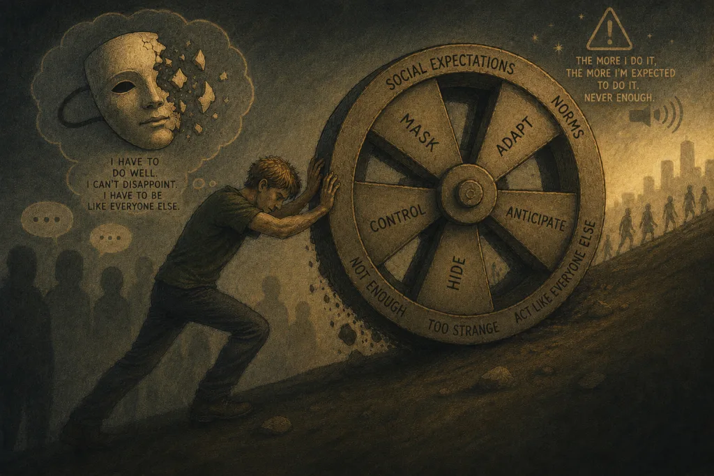 Illustration of a character pushing a wheel representing the burden of necessary adaptations