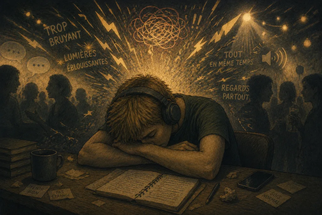 Personnage qui croule sous les stimulations sociales et sensorielles