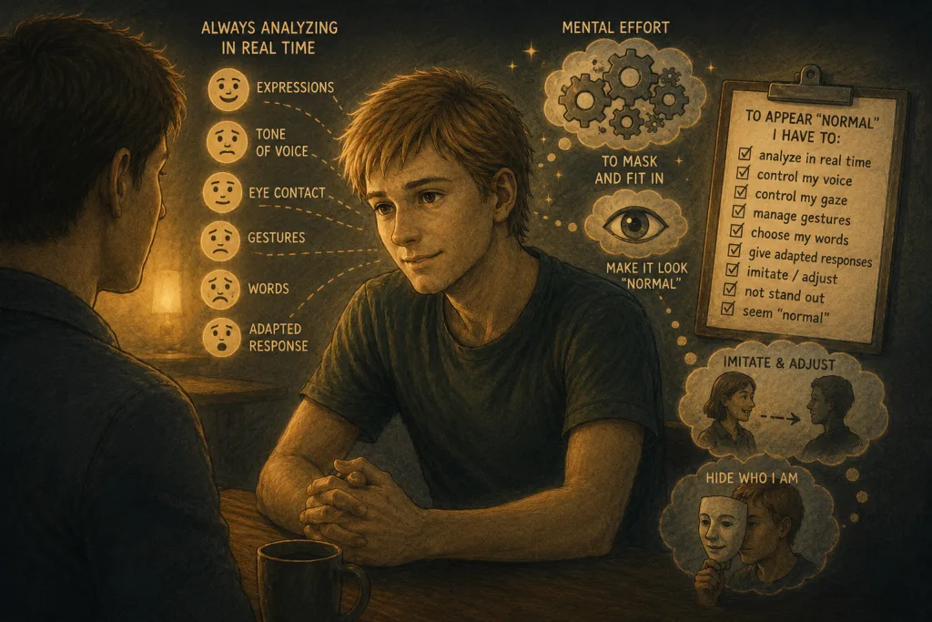 Illustration depicting a woman masking her autistic traits