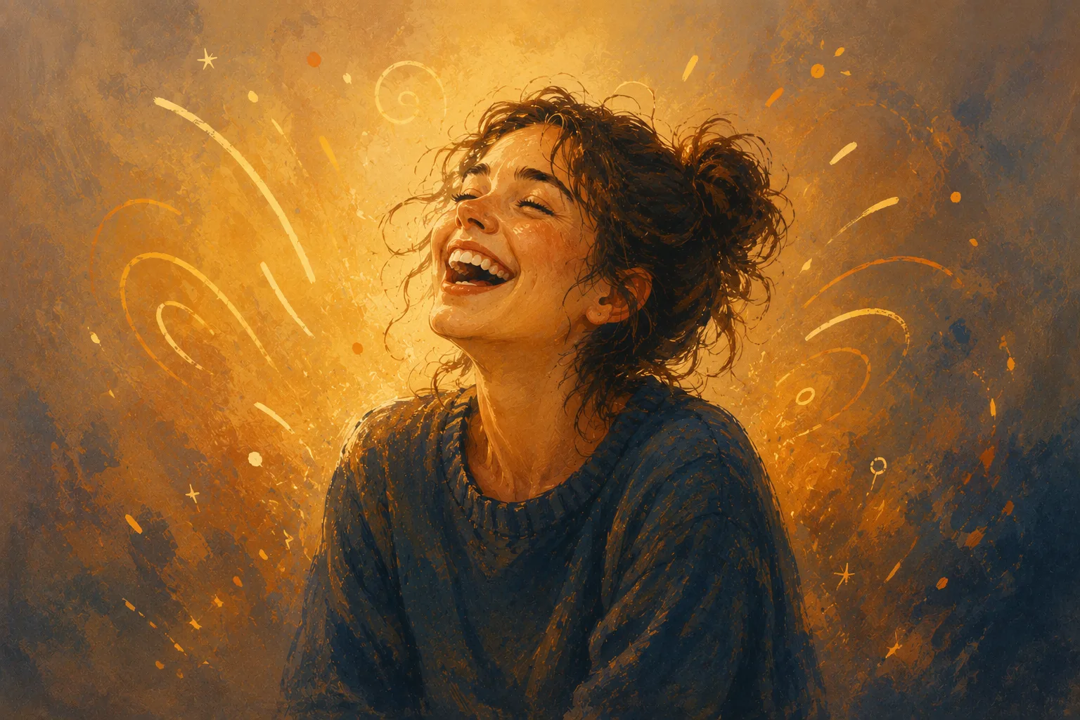 Illustration of an autistic woman laughing heartily.