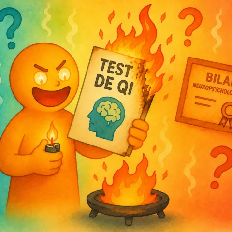 Illustration d'un personnage brûlant son test de QI