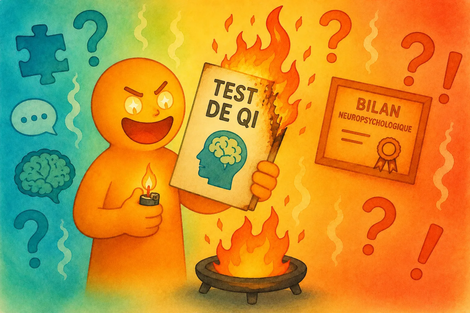 Illustration d'un personnage brûlant son test de QI