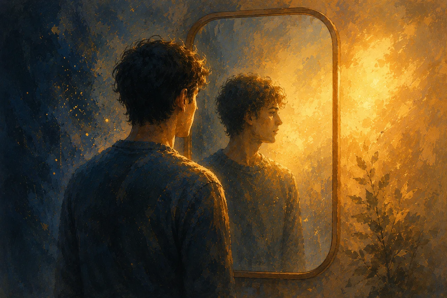 A man standing in front of a mirror, with his reflection looking off to the right