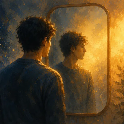 Homme devant un miroir, le reflet regarde vers la droite