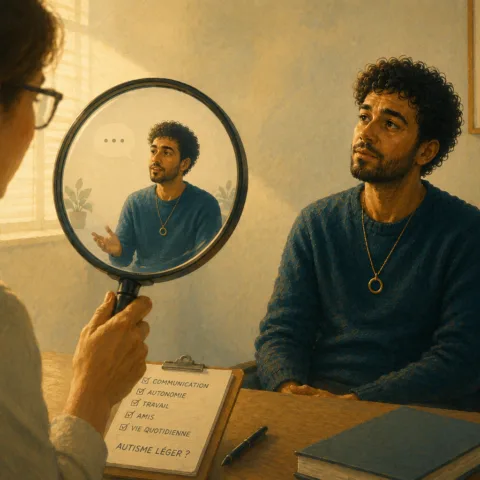 Illustration d'une consultation psychologique où une professionnelle observe une personne autiste à travers une loupe, symbolisant une vision réductrice de son vécu