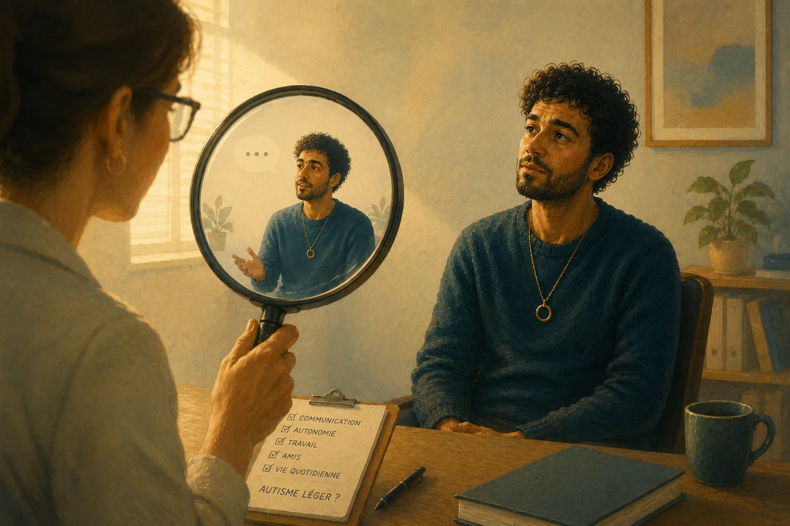 Illustration d'une consultation psychologique où une professionnelle observe une personne autiste à travers une loupe, symbolisant une vision réductrice de son vécu