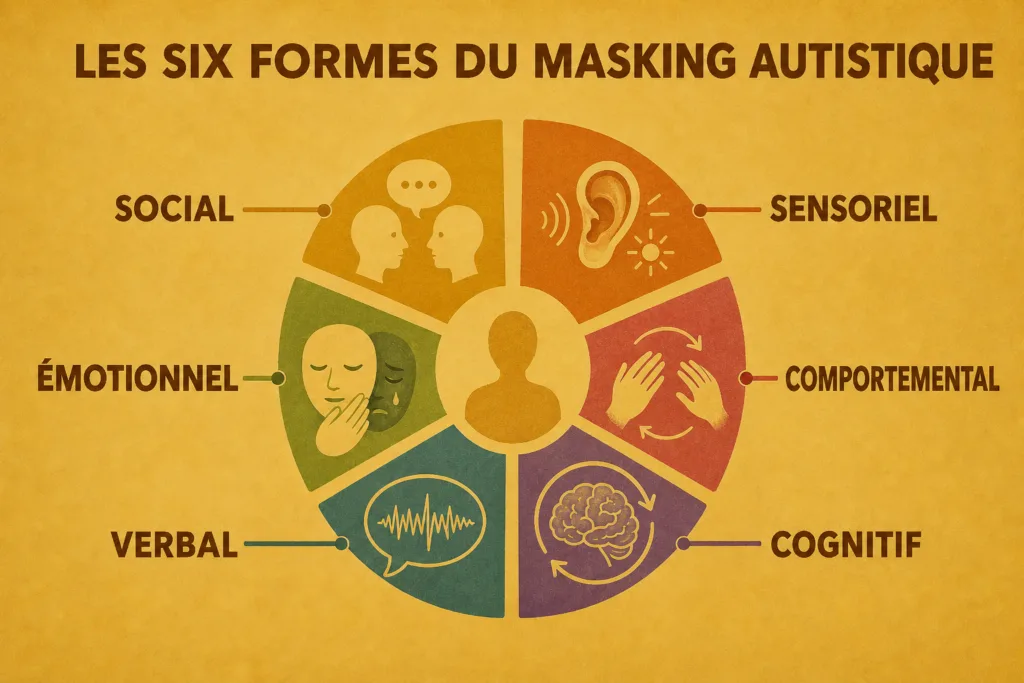 Infographie présentant les six formes du masking autistique : sociale, sensorielle, émotionnelle, comportementale, verbale et cognitive