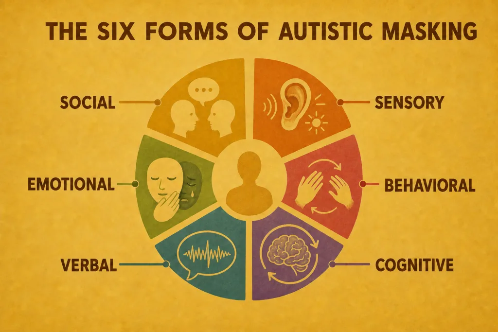 Infographic presenting the six forms of autistic masking: social, sensory, emotional, behavioral, verbal, and cognitive