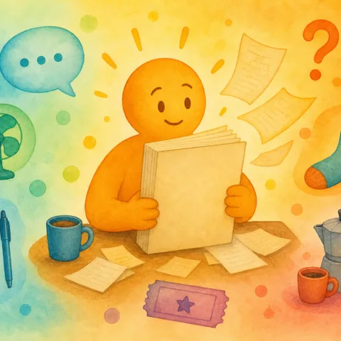 Personnage tenant un livre entouré de pages et de scènes colorées inspirées des autisteries