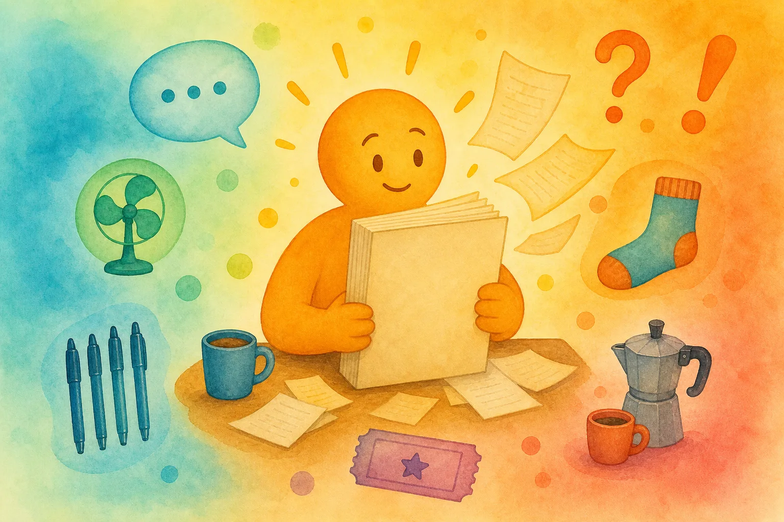 Personnage tenant un livre entouré de pages et de scènes colorées inspirées des autisteries