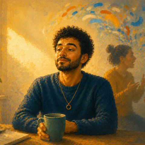 Illustration d’un homme autiste au visage impassible, entouré de formes abstraites évoquant l’humour, les jeux de mots et les associations d’idées