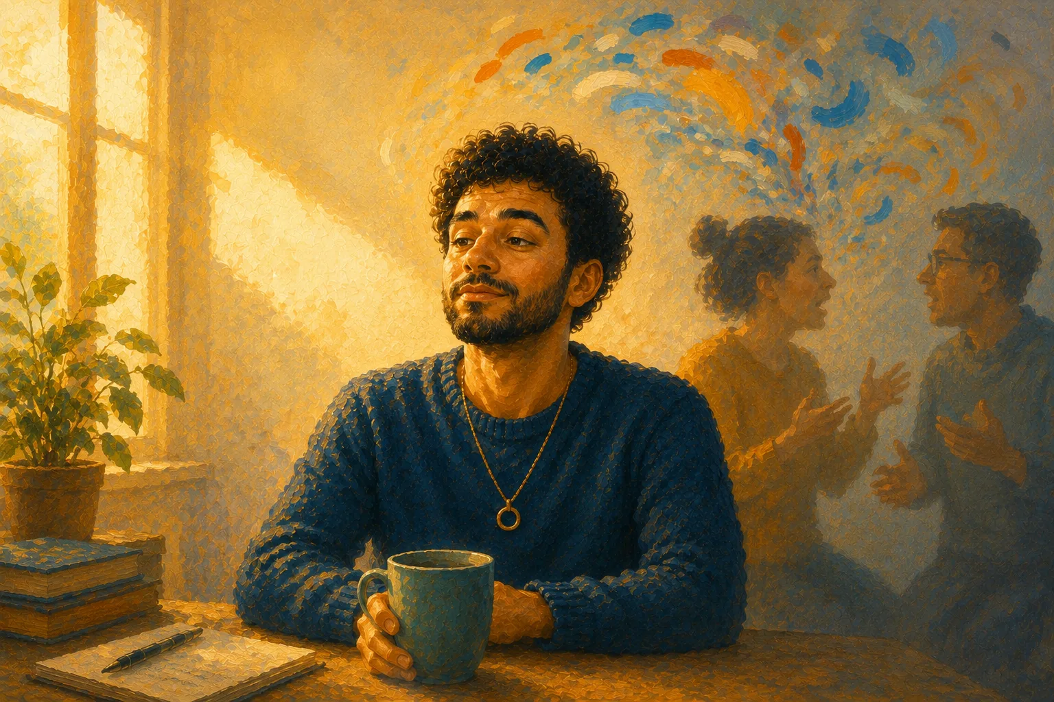 Illustration d’un homme autiste au visage impassible, entouré de formes abstraites évoquant l’humour, les jeux de mots et les associations d’idées