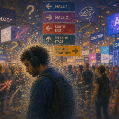 Personne autiste portant un casque, submergée par la foule, les écrans et les panneaux contradictoires de VivaTech