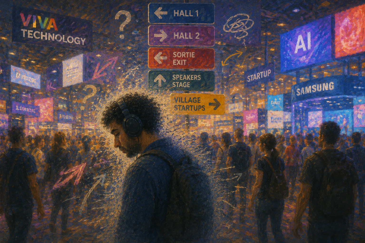 Personne autiste portant un casque, submergée par la foule, les écrans et les panneaux contradictoires de VivaTech