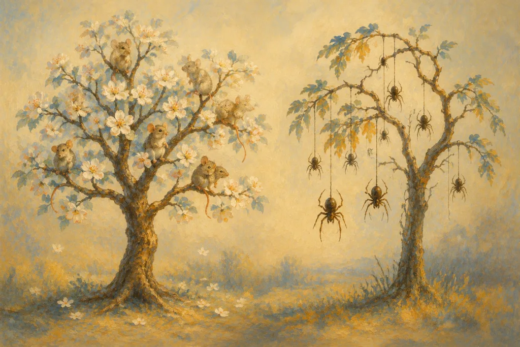 Illustration de deux arbres imaginaires, l’un peuplé de souris et l’autre d’araignées, représentant les néologismes « sourisier » et « araigner »