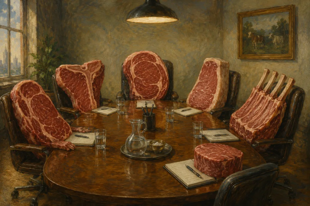 Surreal illustration of cuts of meat sitting around a conference table, representing the wordplay “meatings”